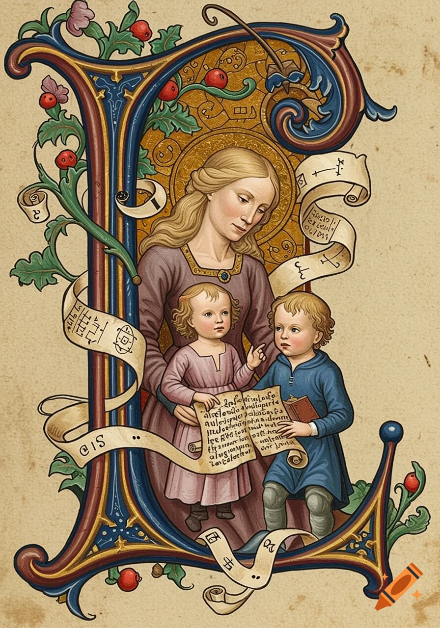 An illuminated letter 'L' from a medieval manuscript, featuring a blonde woman with two young children, surrounded by ornate scrolls and foliage.