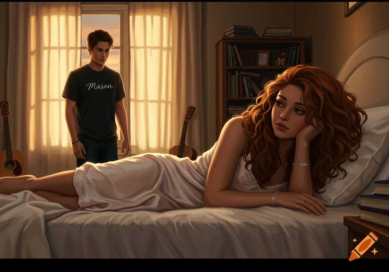 A man named Mason stands in a sunlit bedroom doorway, looking at a woman named Ellie reclining on the bed in a nightgown.