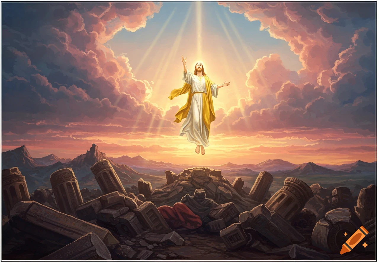 A radiant figure resembling Jesus ascends into a dramatic sky above a ruined landscape, bathed in golden light.