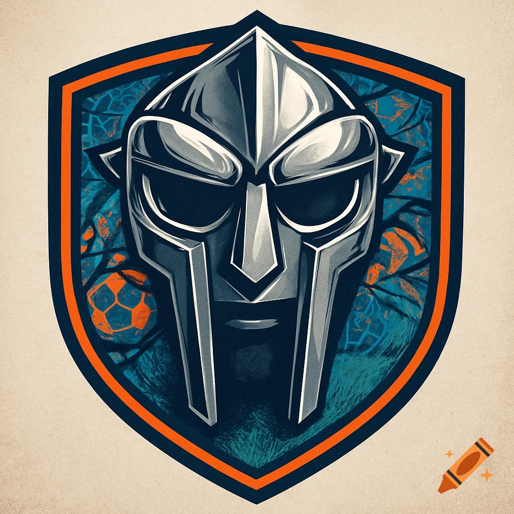 A stylized shield logo featuring MF DOOM's mask over a textured background with soccer balls.