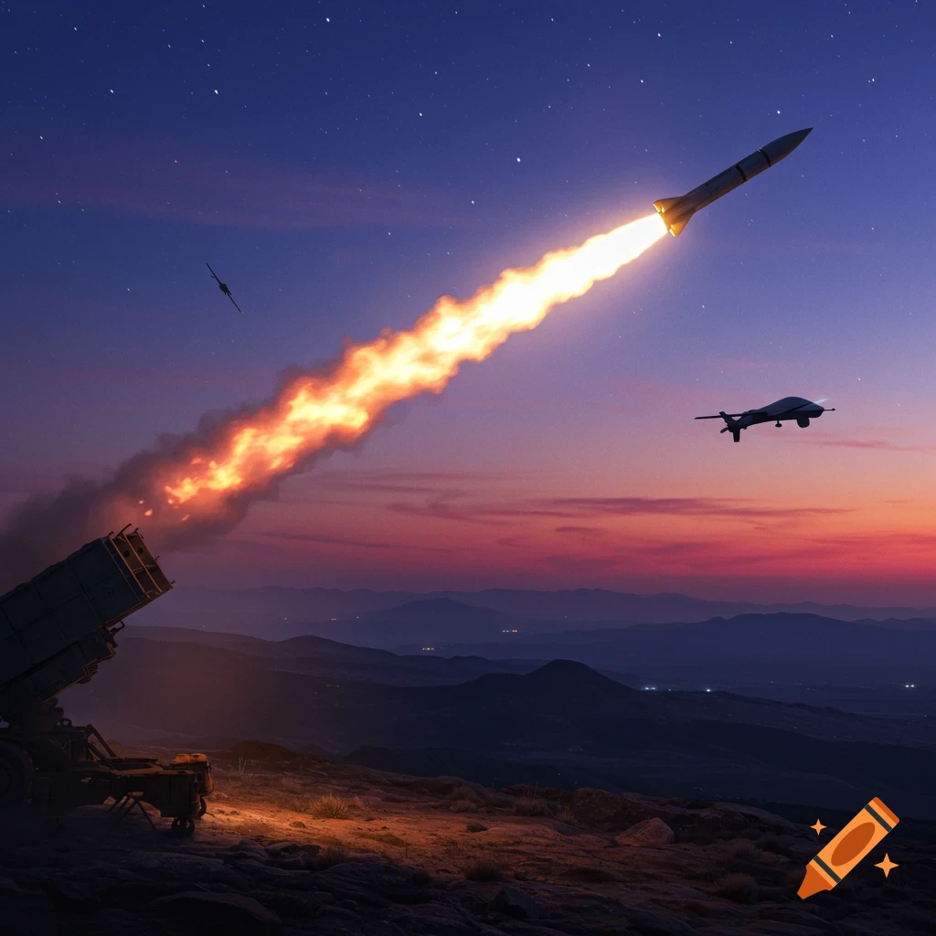 A photorealistic image of a missile launching from a ground launcher into a starry twilight sky over mountains, with two drones flying nearby.