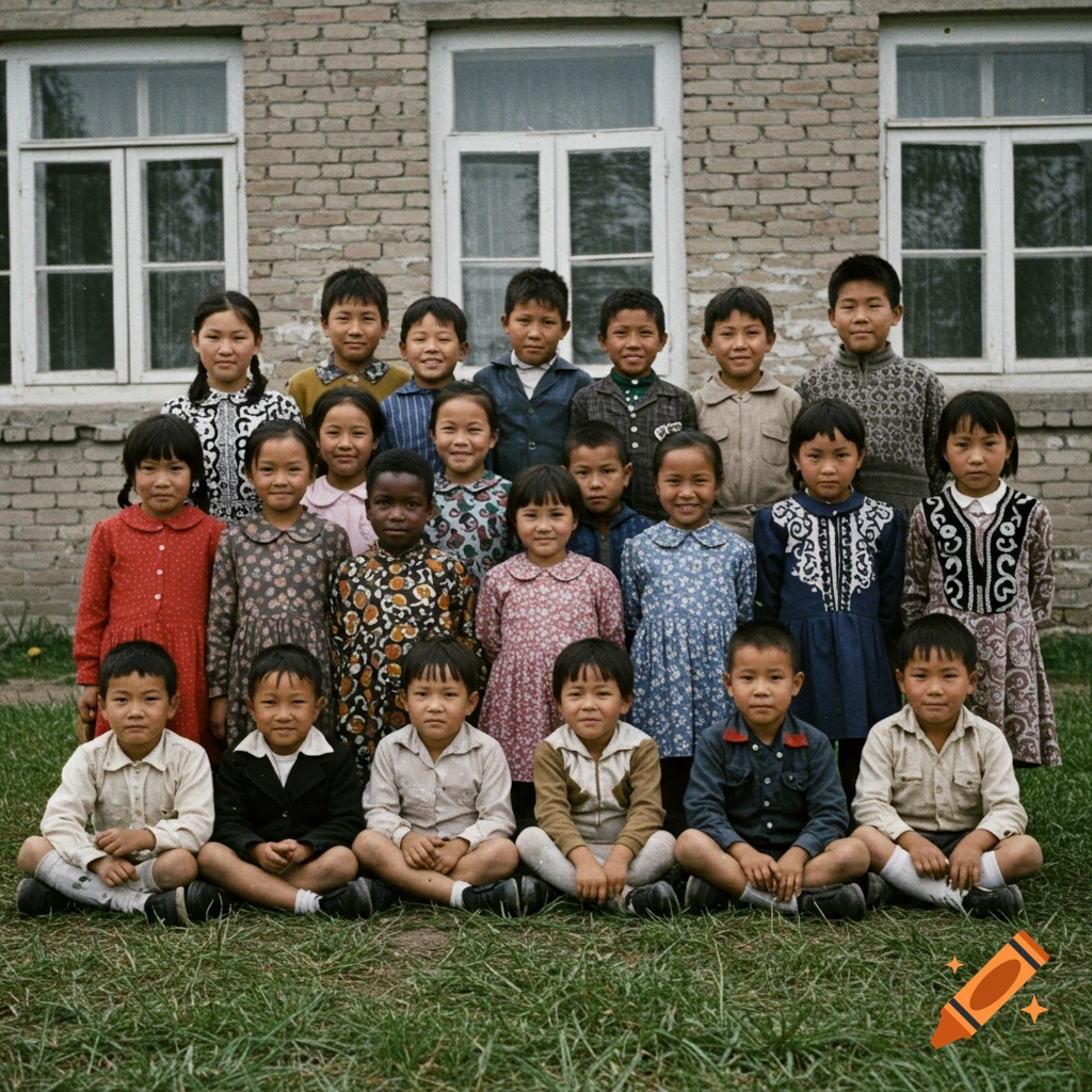 A diverse group of children, some sitting and some standing, pose for a class photo in front of a brick building.