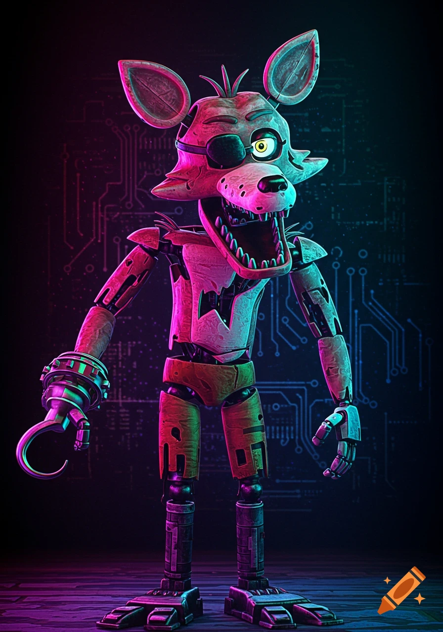 A neon-lit, futuristic robot Foxy from FNAF with a hook hand, against a circuit board background.