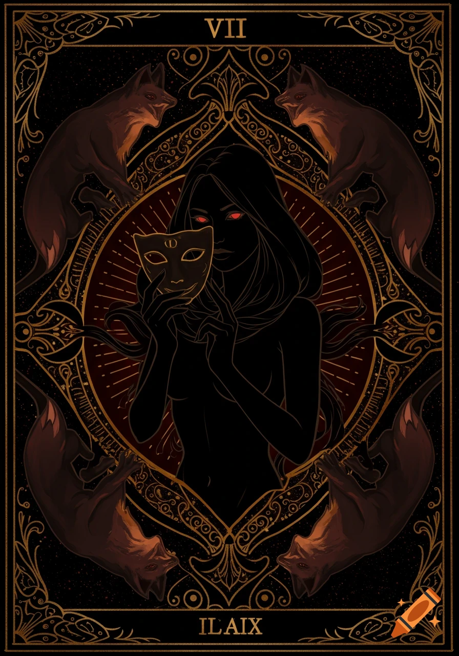 A dark tarot card with gold and red gilding, featuring a female silhouette holding a golden mask, surrounded by four dark fox silhouettes.