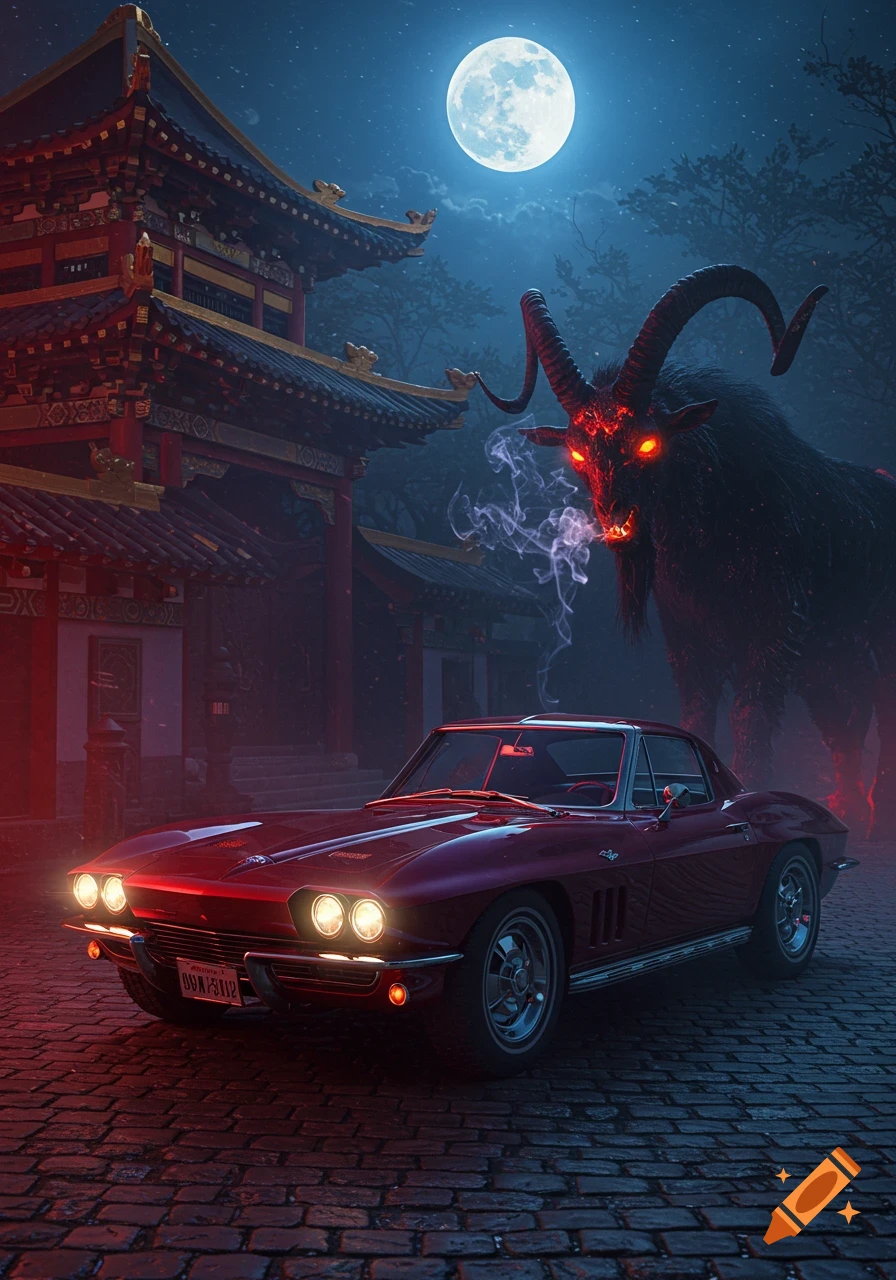 A red vintage Corvette parked on a cobblestone street in front of an ornate Asian temple at night, with a large, demonic goat creature behind it under a full moon.