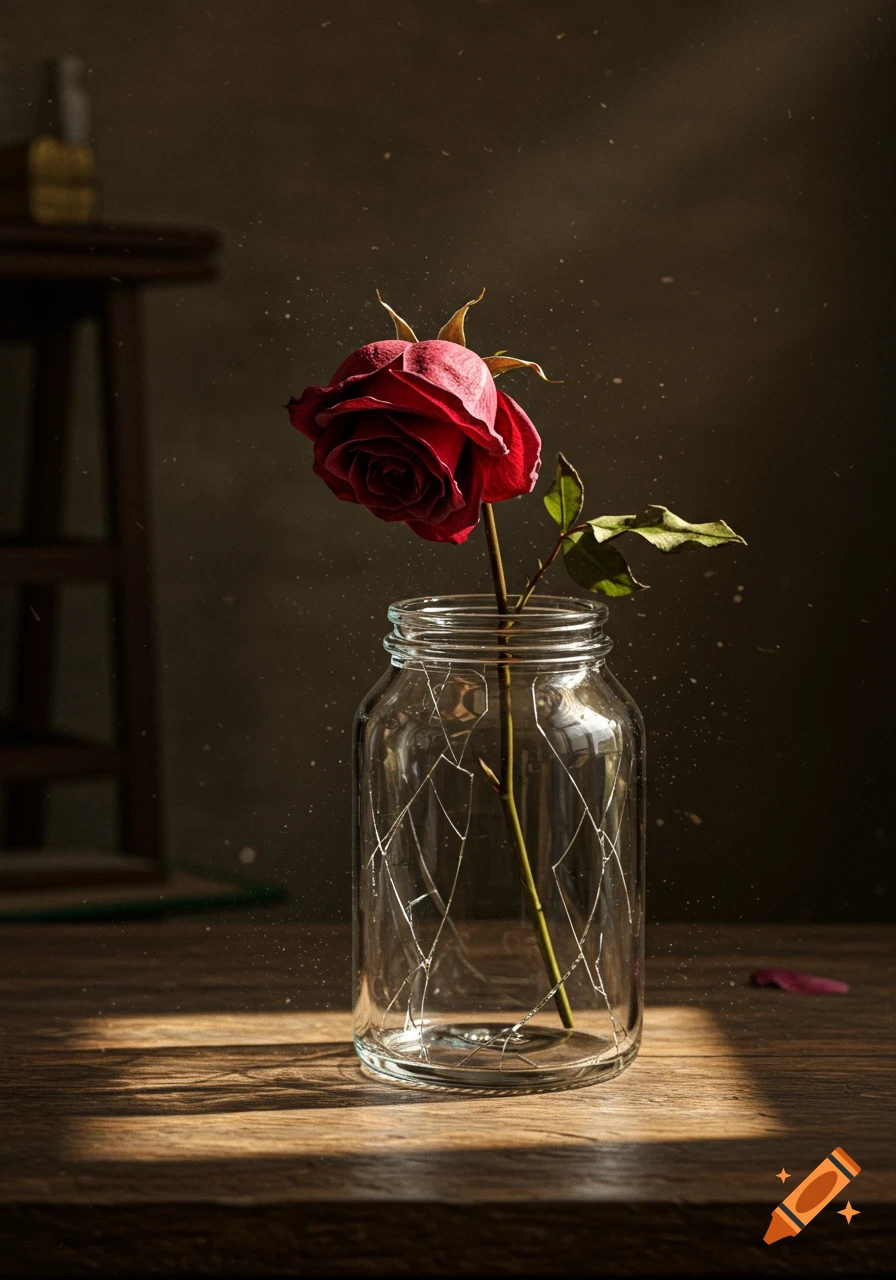 A red rose in a cracked glass jar on a wooden table with dramatic lighting.