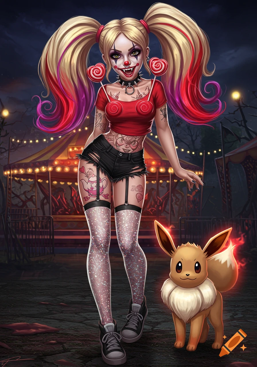 A stylized illustration of a female clown with blonde and pink pigtails, red crop top, black shorts, and glittery stockings, standing with an Eevee at an abandoned carnival at night.