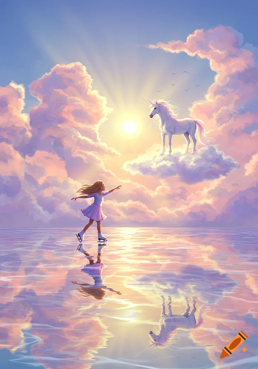 A girl ice skates on a reflective surface, reaching towards a majestic unicorn standing on a cloud in a pastel sunset sky.