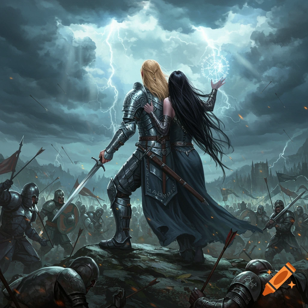A male warrior in armor and a dark-haired sorceress stand on a rock, overlooking a stormy battlefield with lightning and a castle.