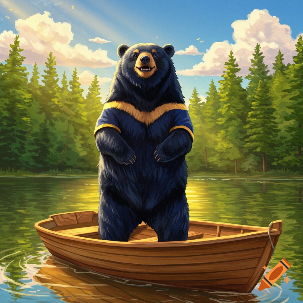 A happy black bear wearing a blue and yellow shirt stands in a wooden boat on a lake, surrounded by a forest under a sunny sky in a cartoon style.