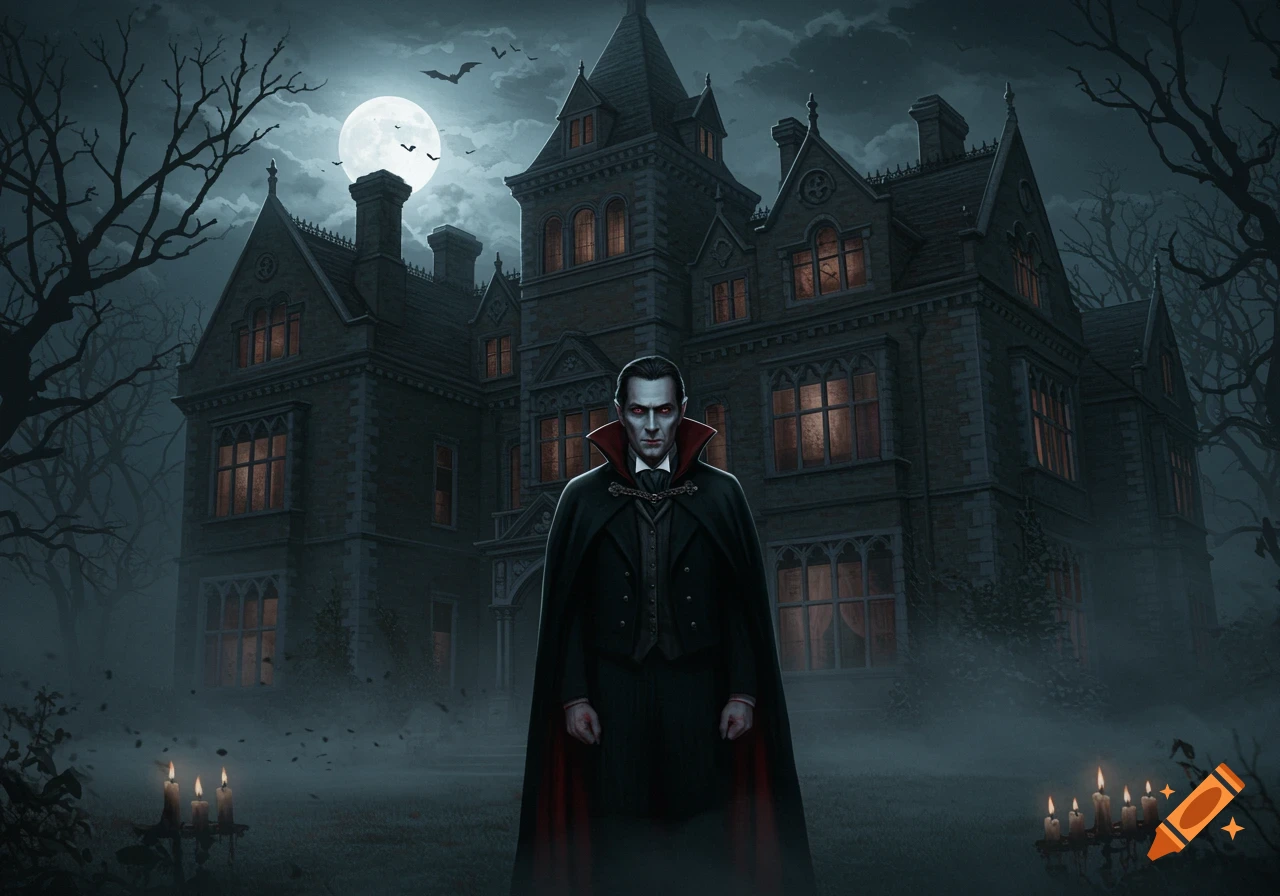 A vampire with red eyes and a dark cape stands in front of a sprawling gothic mansion under a full moon with bats and fog.