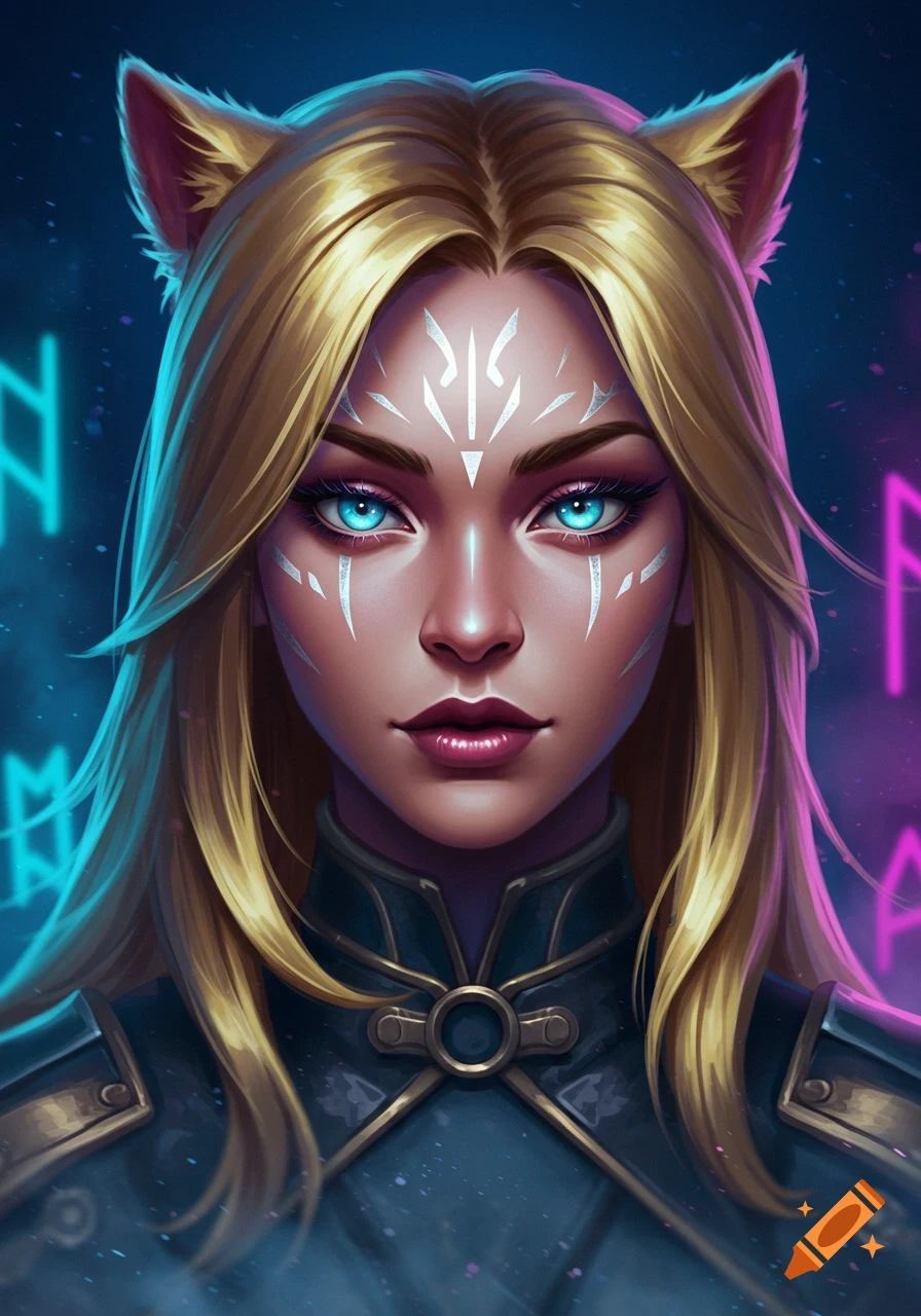 A detailed digital art portrait of a blonde woman with blue eyes, cat ears, and white tribal markings on her face, against a neon background with glowing rune-like symbols.