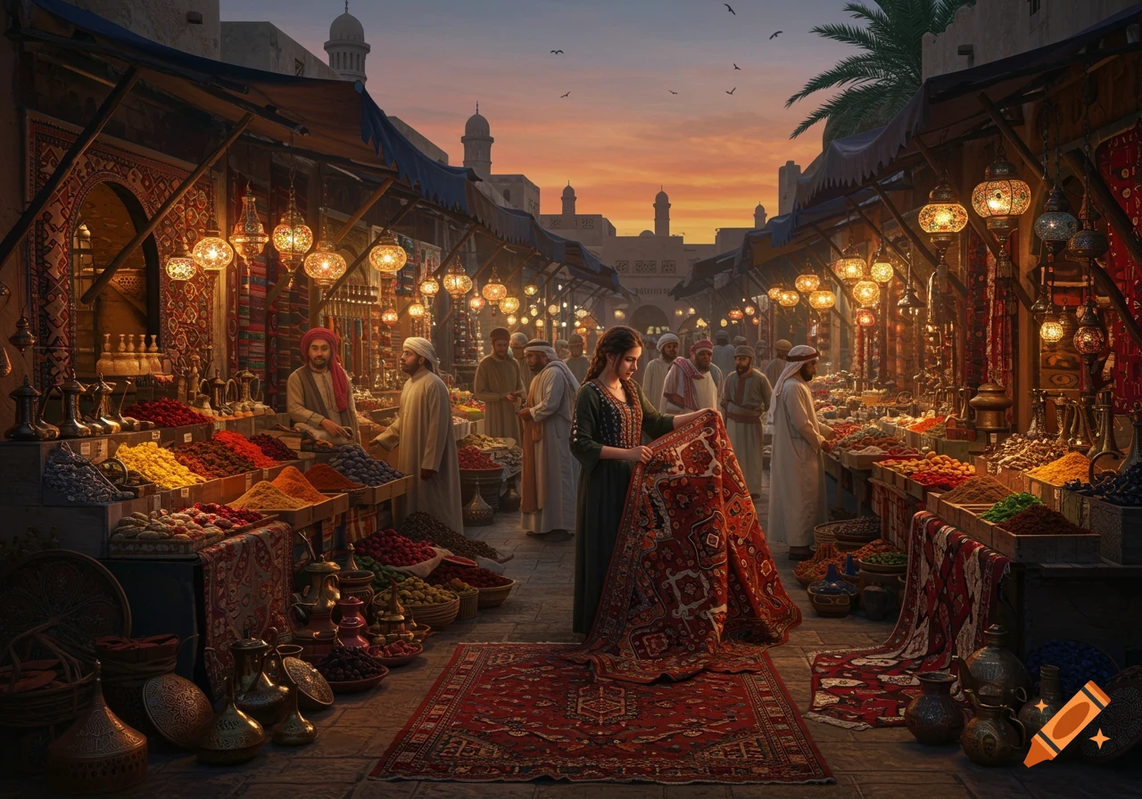 A photorealistic image of a woman examining a red carpet in a bustling Middle Eastern market at sunset, with stalls of spices and lanterns.