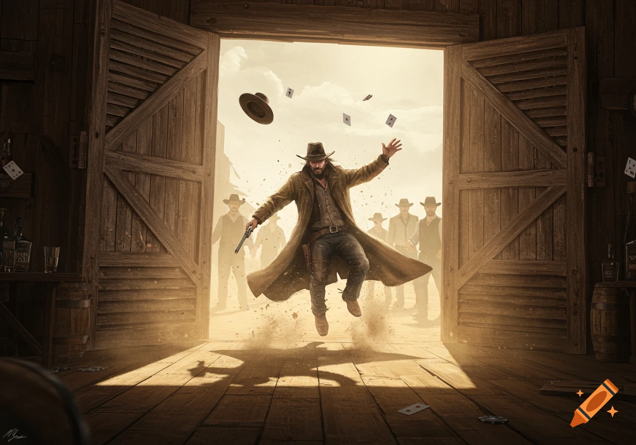 A cowboy in a long coat jumps dramatically through saloon doors with a gun in hand and playing cards flying around.