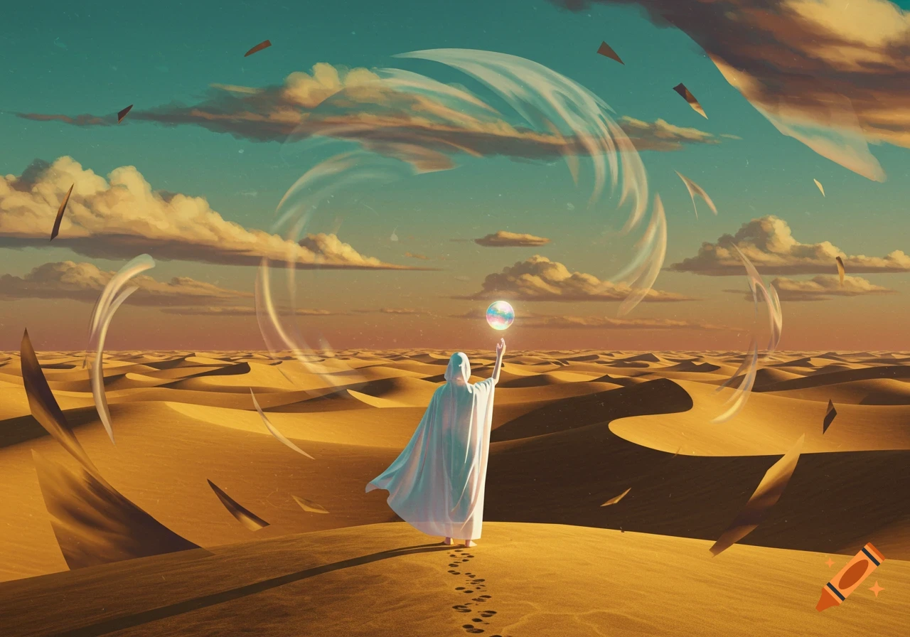 A robed figure stands in a vast desert landscape, holding a glowing, colorful orb, with swirling abstract light forms around them.