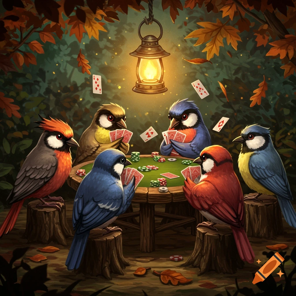 Six colorful cartoon birds play poker around a small wooden table in a forest setting under a glowing lantern, surrounded by autumn leaves.