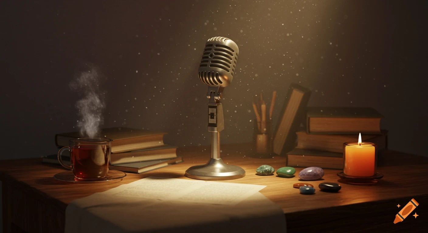 A dimly lit desk with a vintage microphone, steaming cup of tea, books, and a lit candle, with dust motes illuminated in the light.