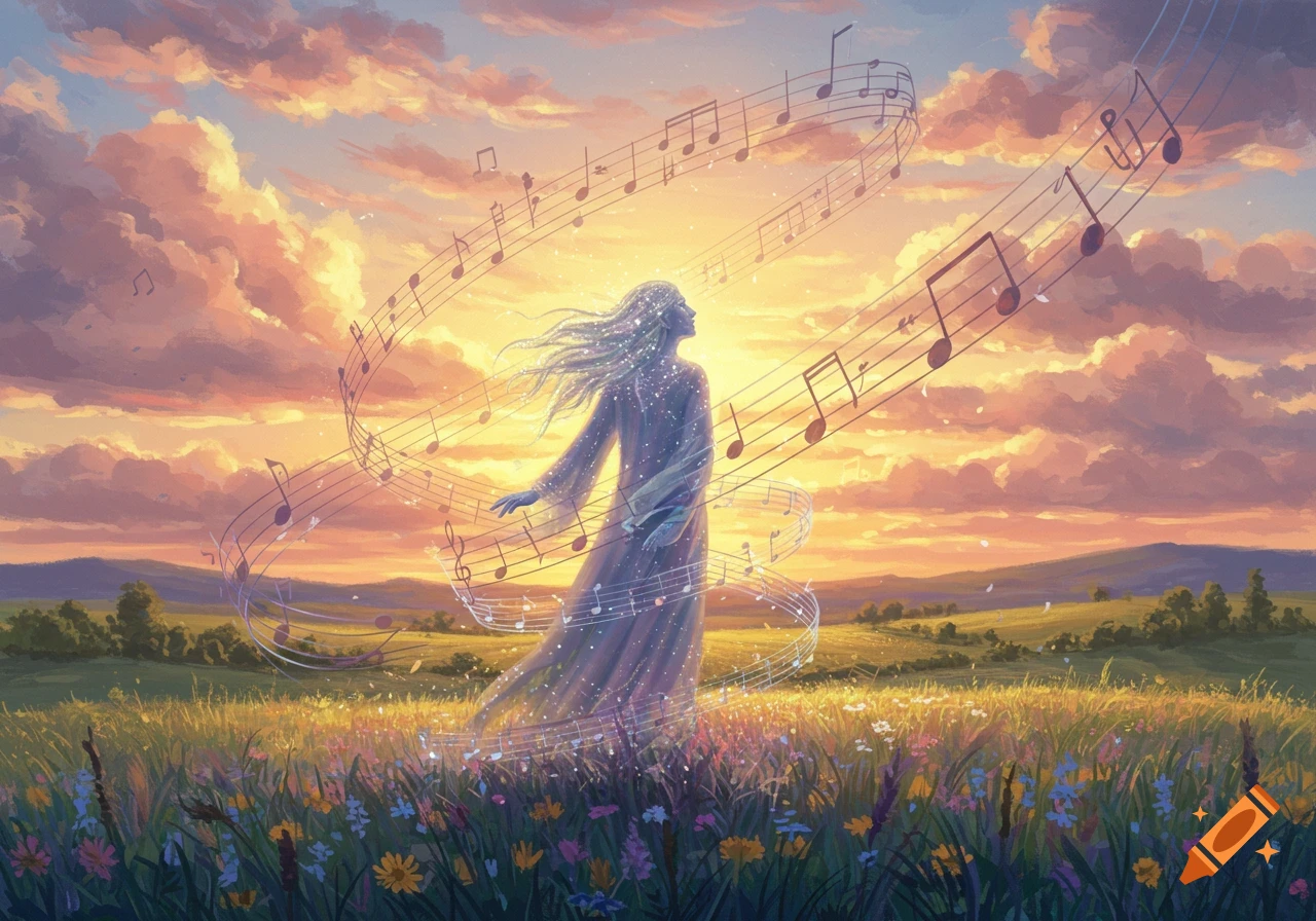 Ethereal figure surrounded by flowing musical notes in a vibrant field at sunset, fantasy art.