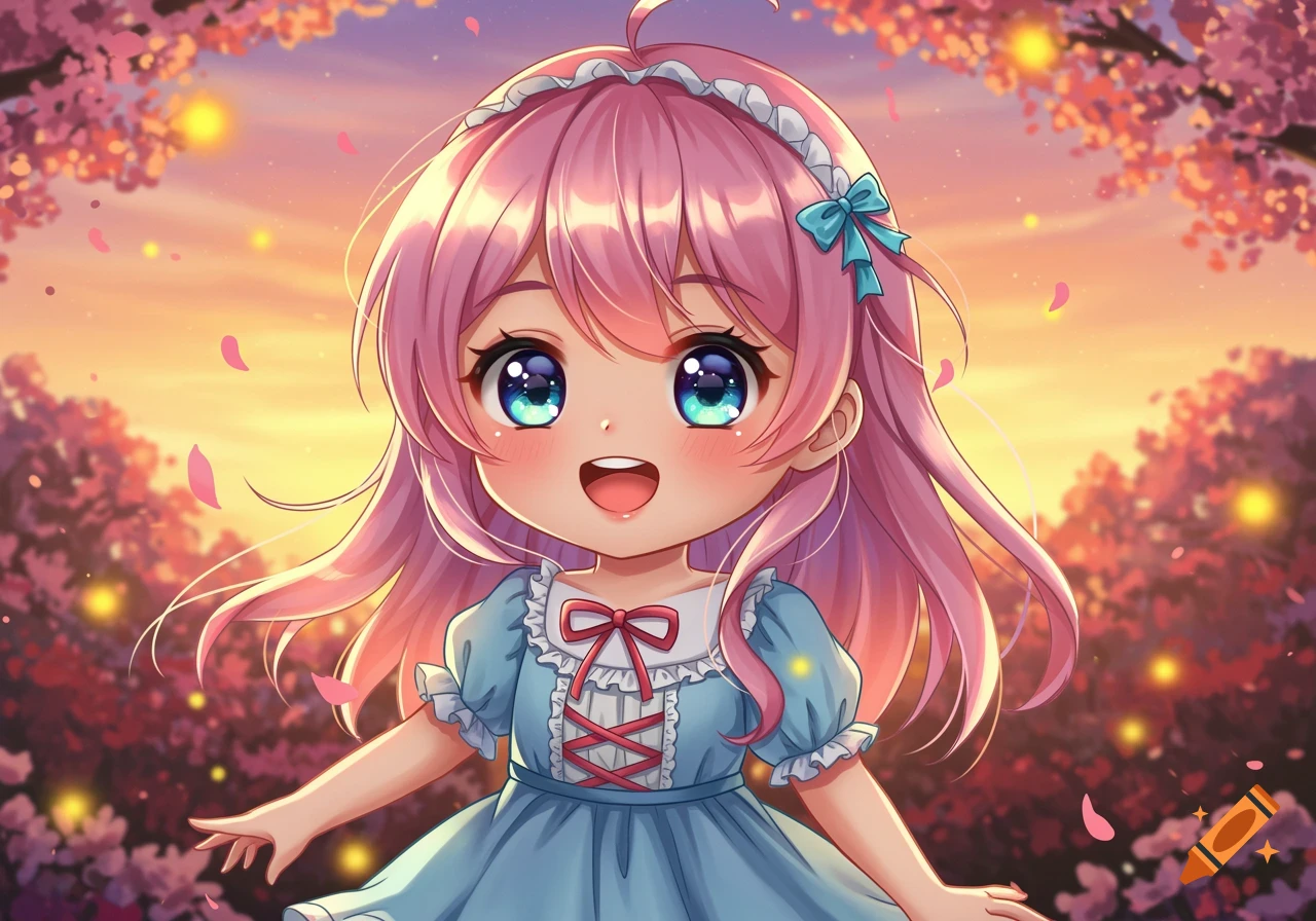 A cute anime girl with pink hair and blue eyes smiles brightly in a cherry blossom forest at sunset.