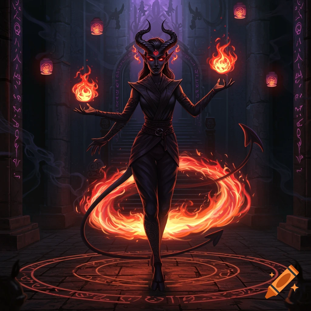 A dark fantasy illustration of a female tiefling with horns and glowing eyes, surrounded by fire in a stone chamber with runes.