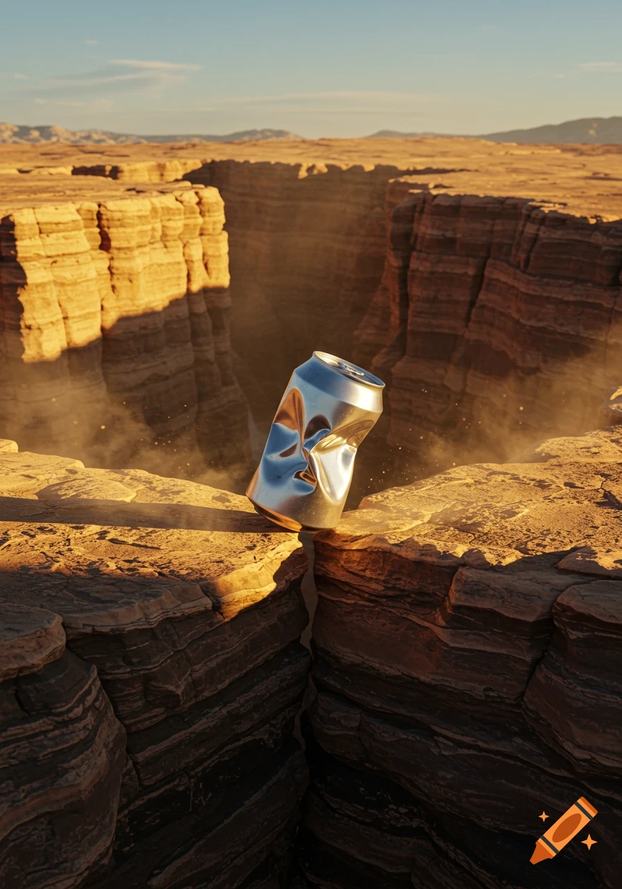 A crumpled aluminum can balances on the edge of a deep, sunlit canyon with layered rock walls.