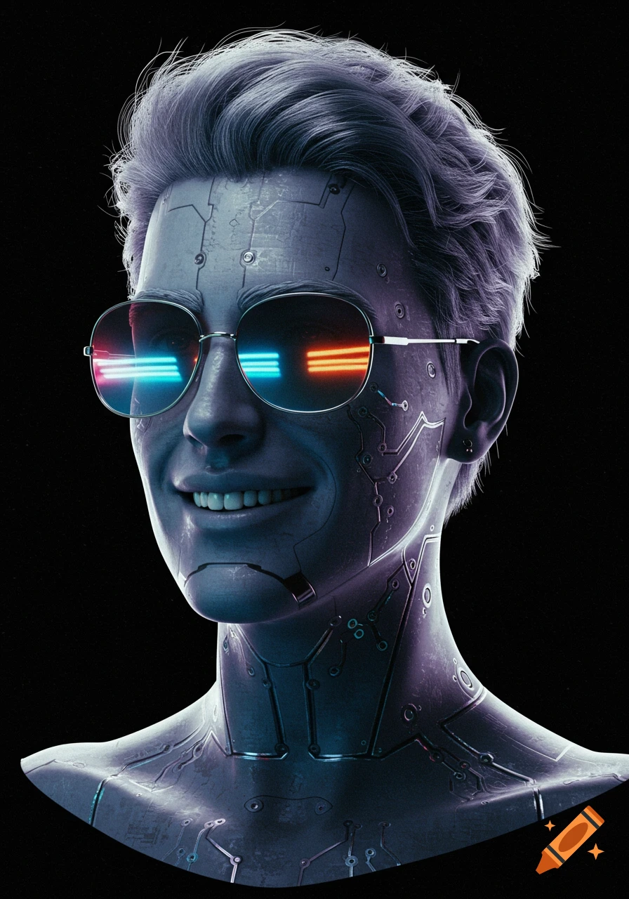 A futuristic cyborg with gray hair and mirrored sunglasses smiles against a black background.