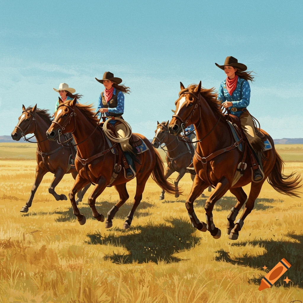 Four cowgirls ride horses across a sunlit grassy field under a clear blue sky, in an illustrative style.