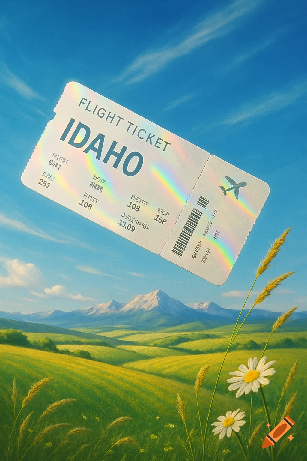 A stylized flight ticket for Idaho floats in a bright blue sky above a vibrant green valley with rolling hills, distant snow-capped mountains, and a few daisies and wheat stalks in the foreground.