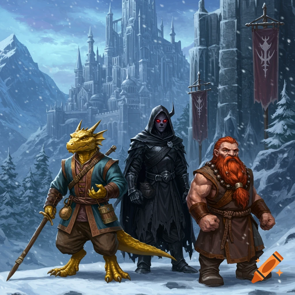 A golden-scaled dragonborn, a dark cloaked figure, and a red-bearded dwarf stand in snow before a large, dark, snowy fantasy castle.