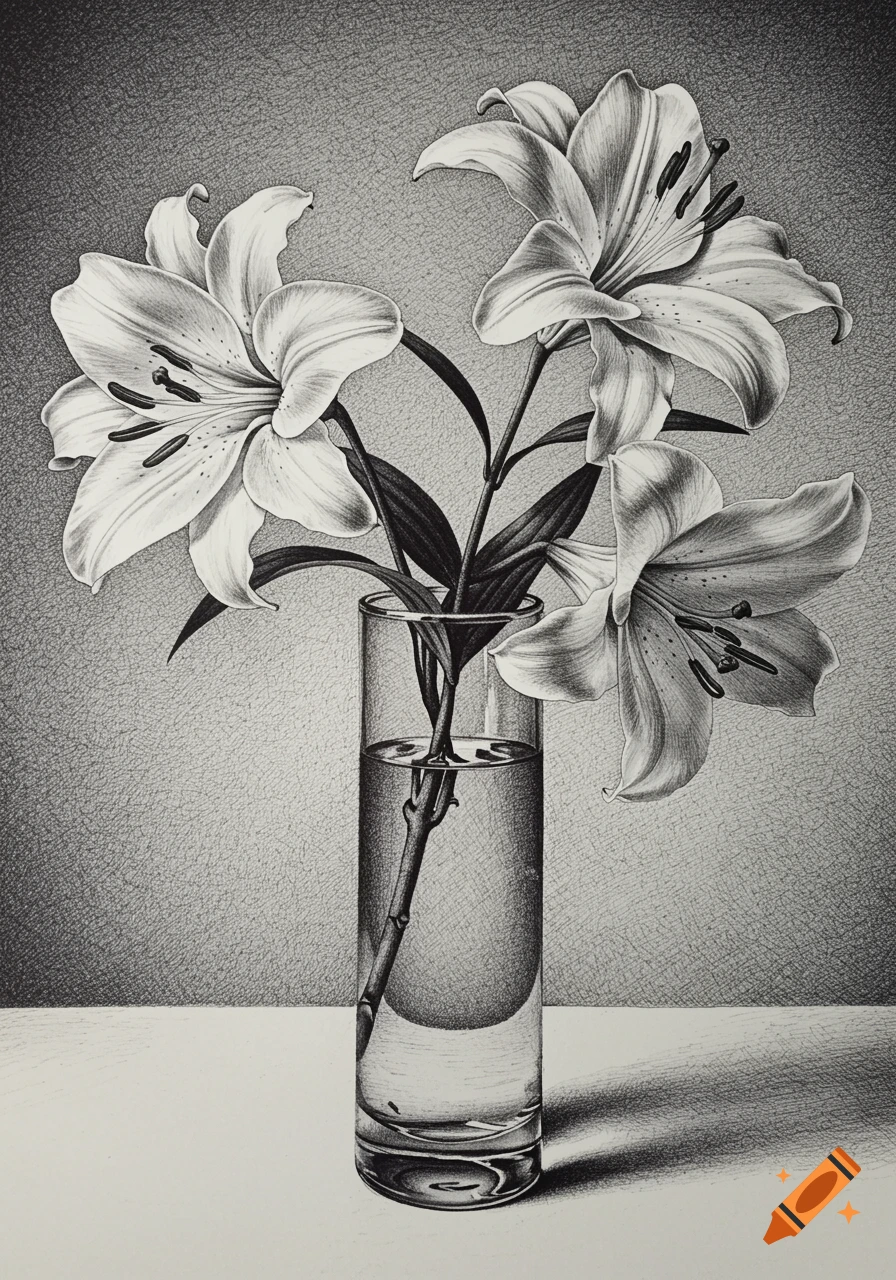 A black and white pen drawing of three white oriental lilies in a clear glass vase.