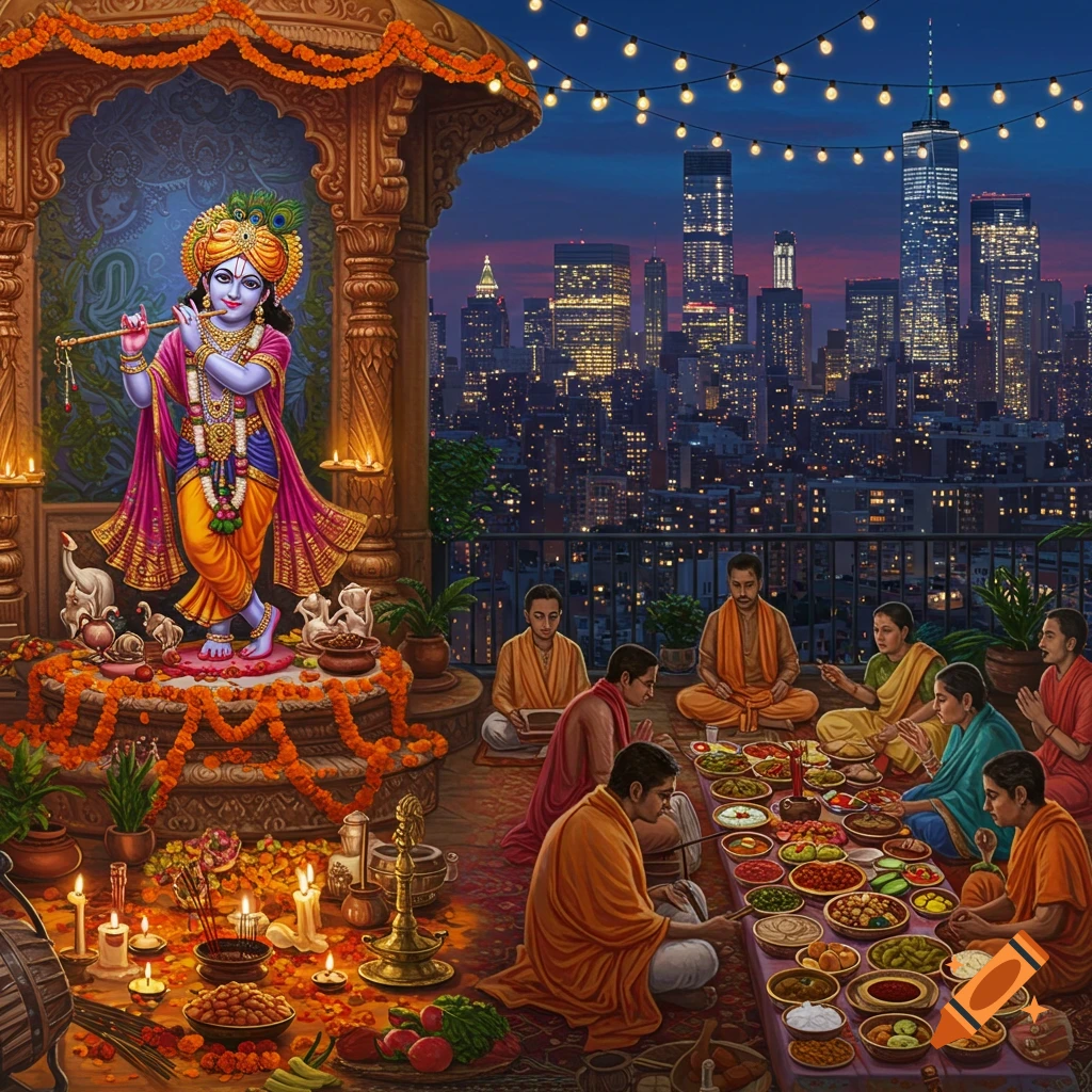 A depiction of Krishna Janmashtami kirtan and potluck on a rooftop overlooking the New York City skyline at dusk.