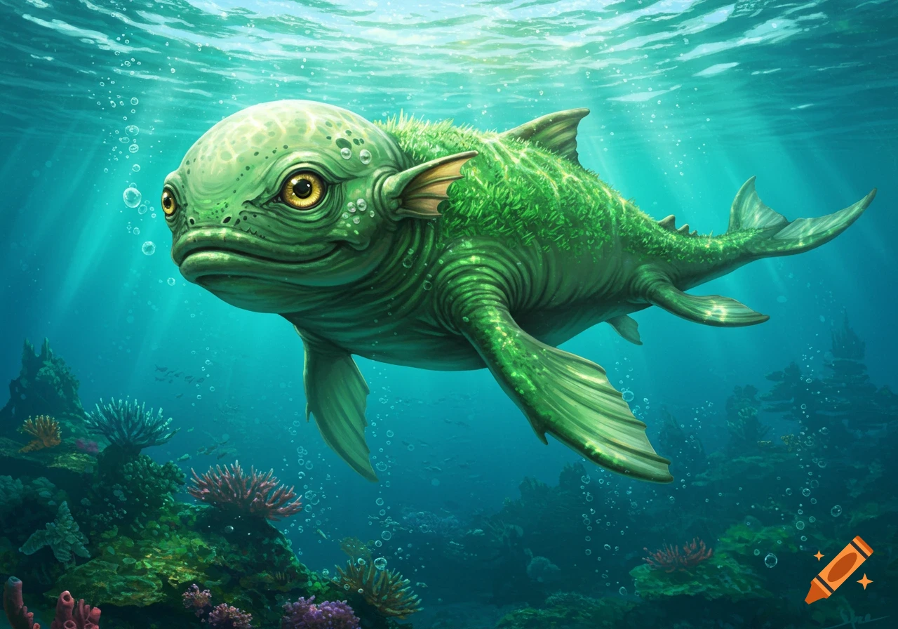 A vivid green aquatic creature with an egg-shaped head, large yellow eyes, and a mossy body swims underwater among coral.