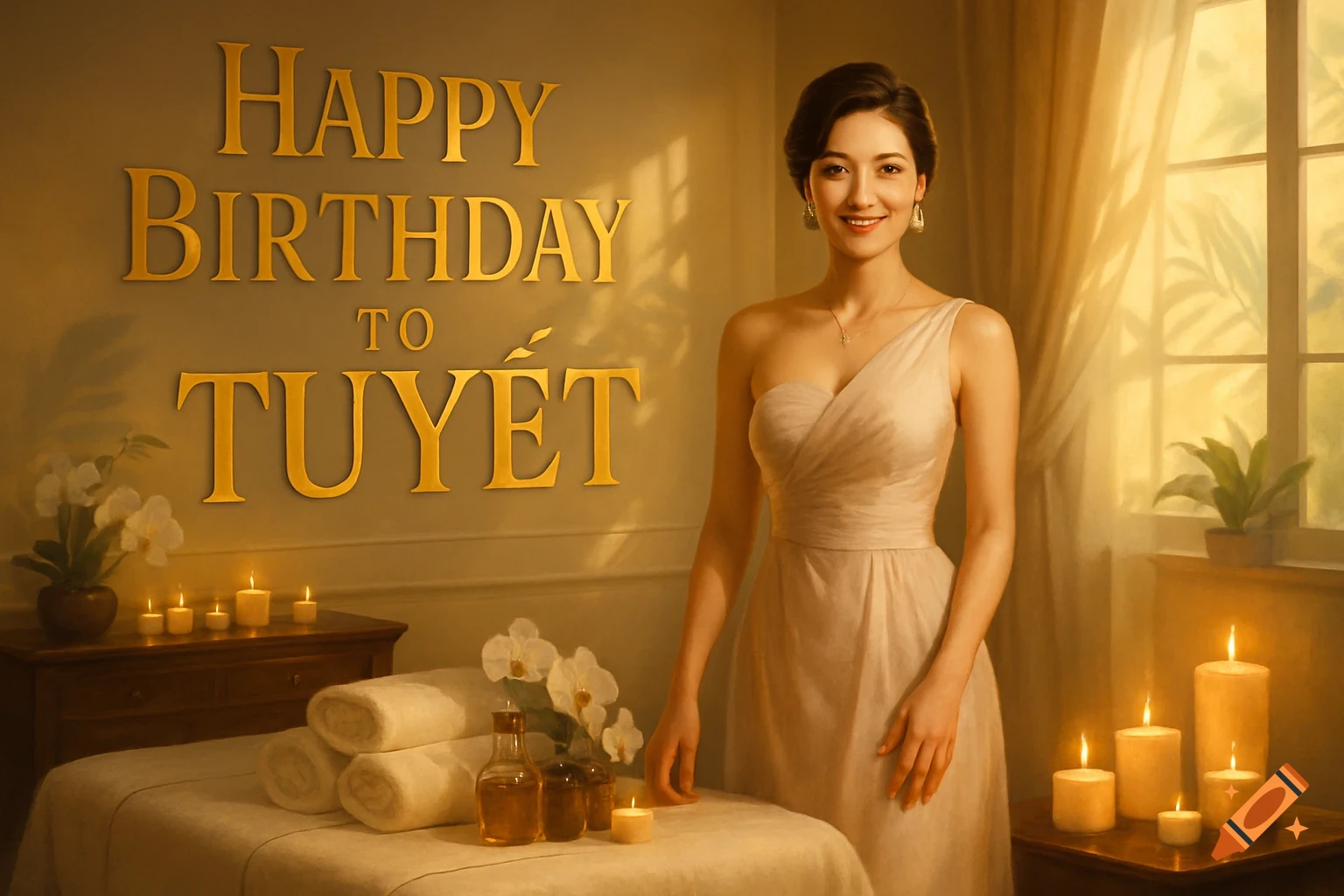 A smiling woman in an elegant spa room with glowing candles, a massage table, and orchids. Gold text on the wall reads 'Happy Birthday to TUYẾT'.