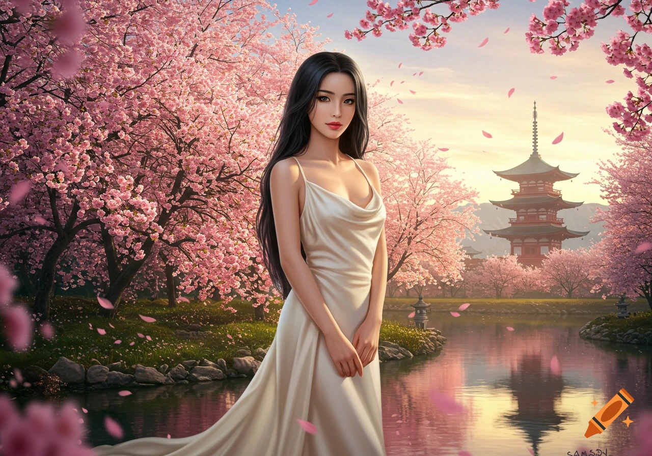 A beautiful woman with long dark hair stands in a white dress amidst blooming pink cherry blossoms, beside a lake with a traditional pagoda in the distance at sunset.