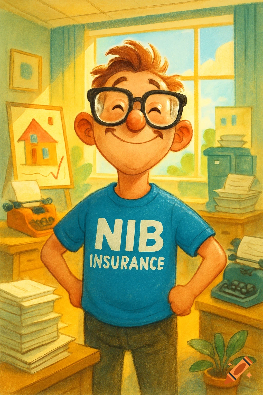 A smiling, cartoon boy with glasses wearing a blue 'NIB INSURANCE' shirt stands in a bright office with typewriters.