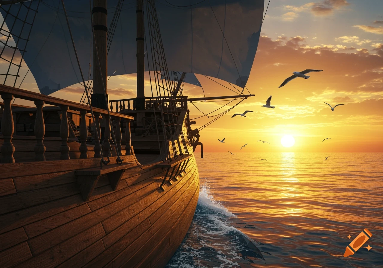 A wooden sailing ship with sails unfurled glides on the ocean towards a bright orange and yellow sunset, with seagulls flying above. Photorealistic.