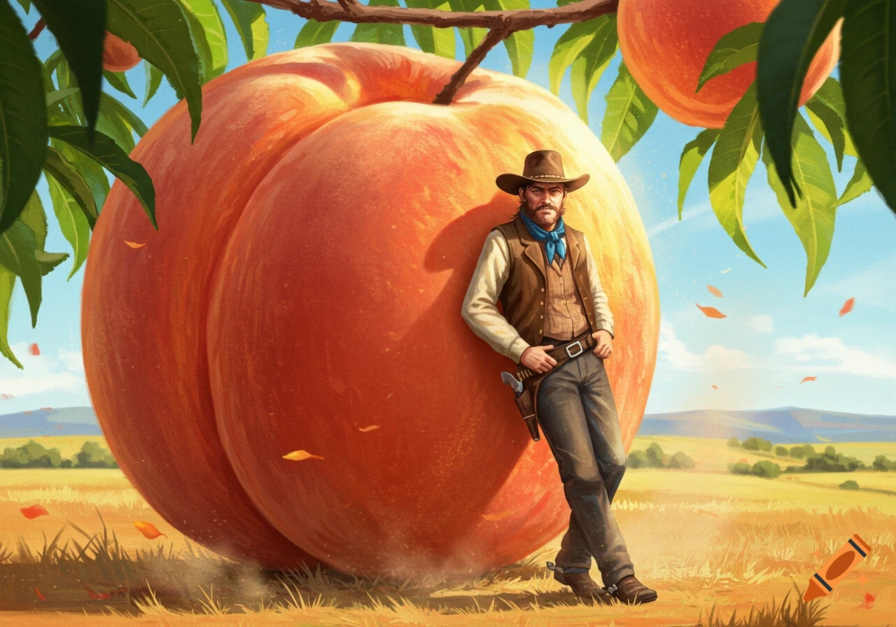 A man in a cowboy hat and vest leans against a giant peach in a sunny field.