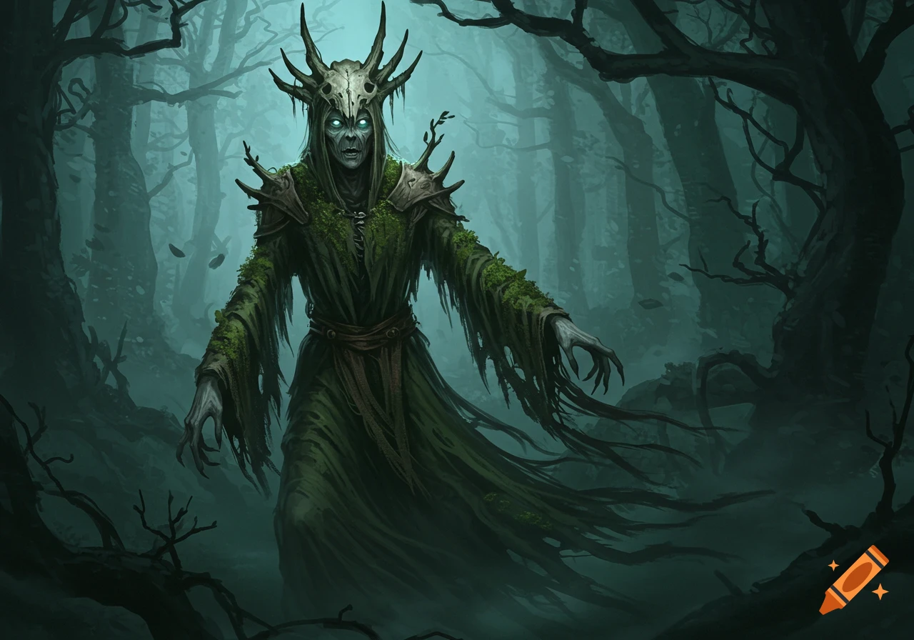 A creepy forest spirit with glowing eyes and a skull crown stands in a dark, misty forest, in a fantasy art style.