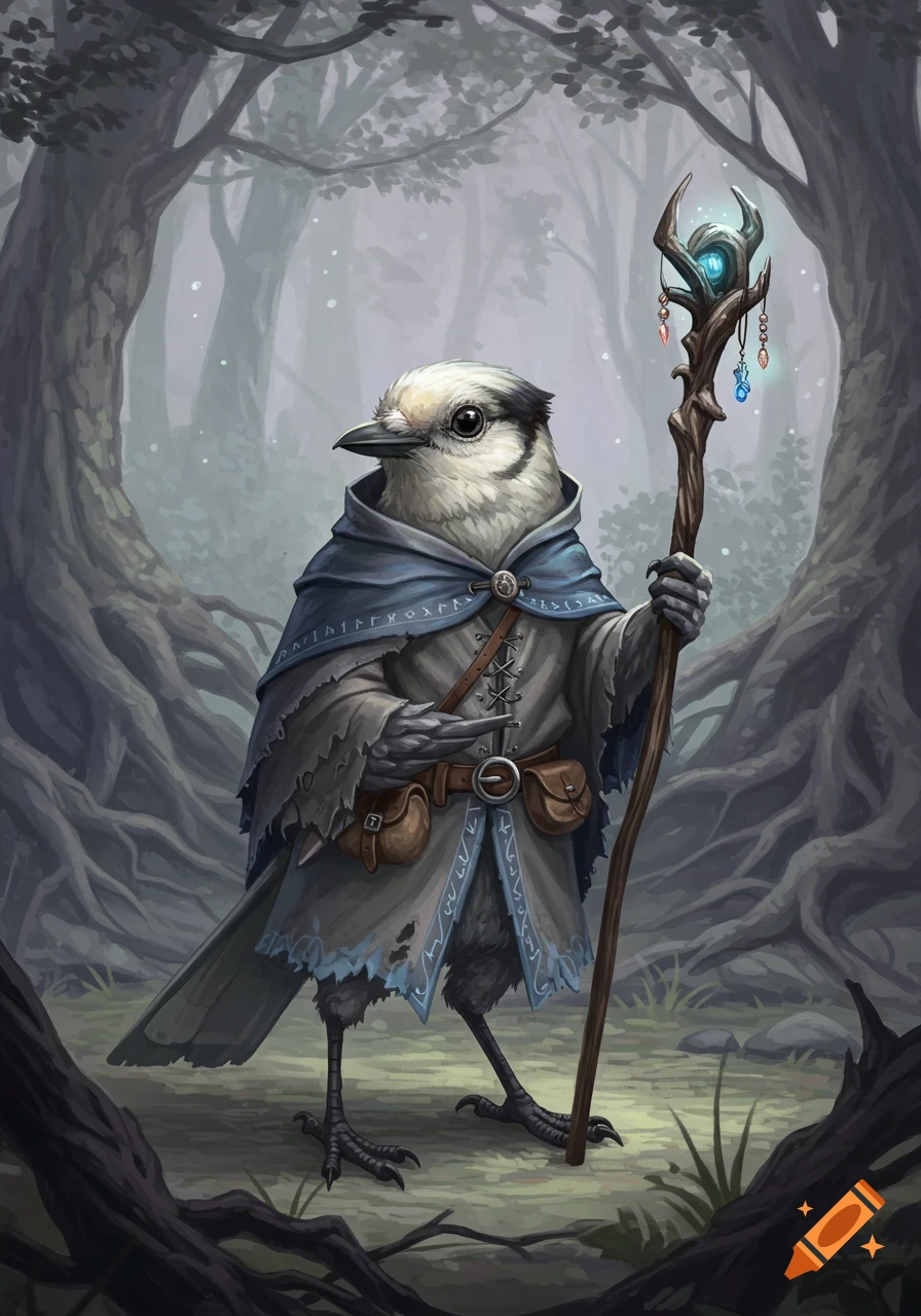 An old-looking gray jay sorcerer in a ragged cloak holds a glowing staff in a misty forest.