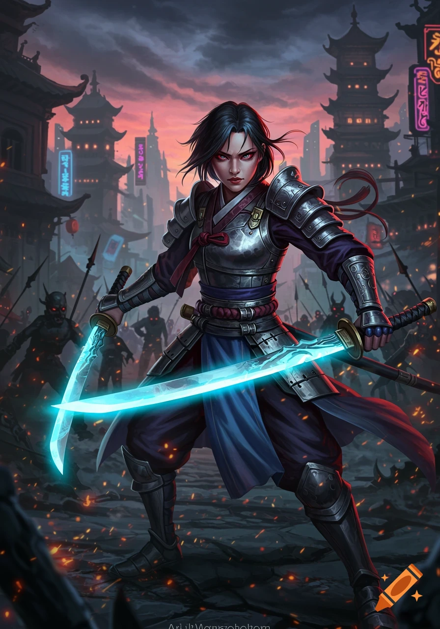 A female warrior in armor with two glowing blue swords stands ready to fight shadowy demons in a futuristic Asian cityscape at dusk, with neon signs.