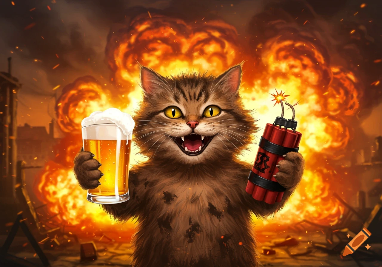 A cartoon cat holding a glass of beer and a stick of dynamite, smiling in front of a fiery explosion.