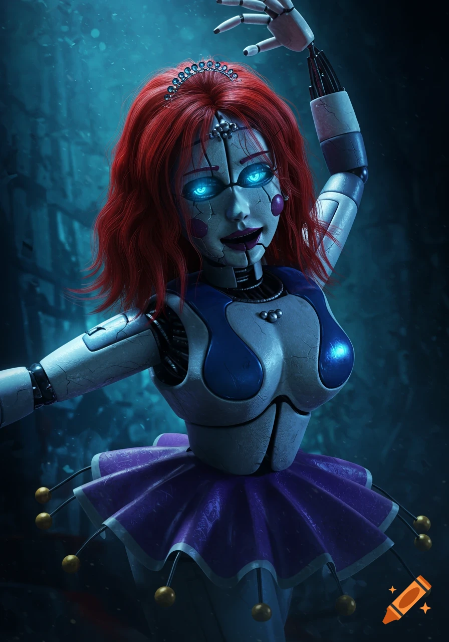 A highly detailed robotic ballerina with red hair, glowing blue eyes, cracked skin, wearing a blue and white outfit with a purple tutu, in a dark, atmospheric setting.