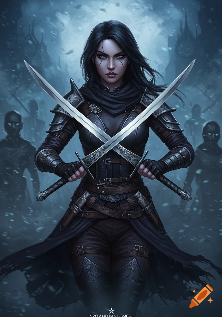 A dark-haired female warrior in armored gear holds two crossed swords in a snowy, dark fantasy setting with blurred figures and a castle in the background.