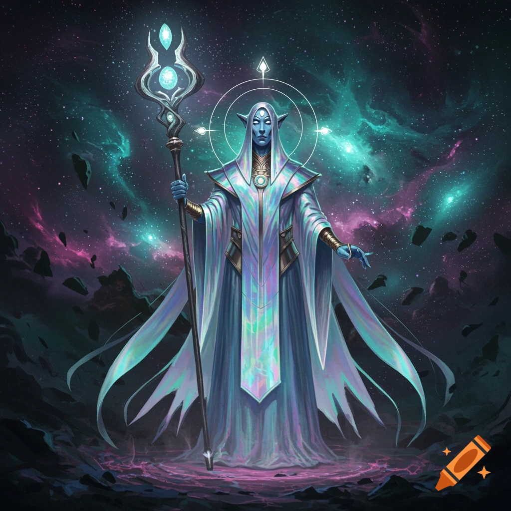 A blue-skinned, elf-like figure in iridescent robes holds a glowing staff against a vibrant cosmic nebula.