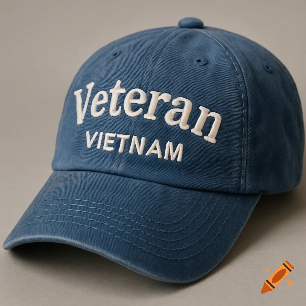 A close-up, high-resolution photo of a blue baseball cap with white embroidered text reading 'Veteran' and 'Vietnam' on a neutral gray background.