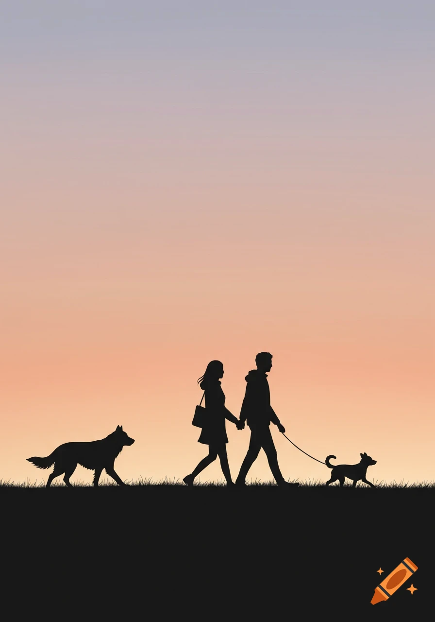 Silhouettes of a couple walking with two dogs at sunset.