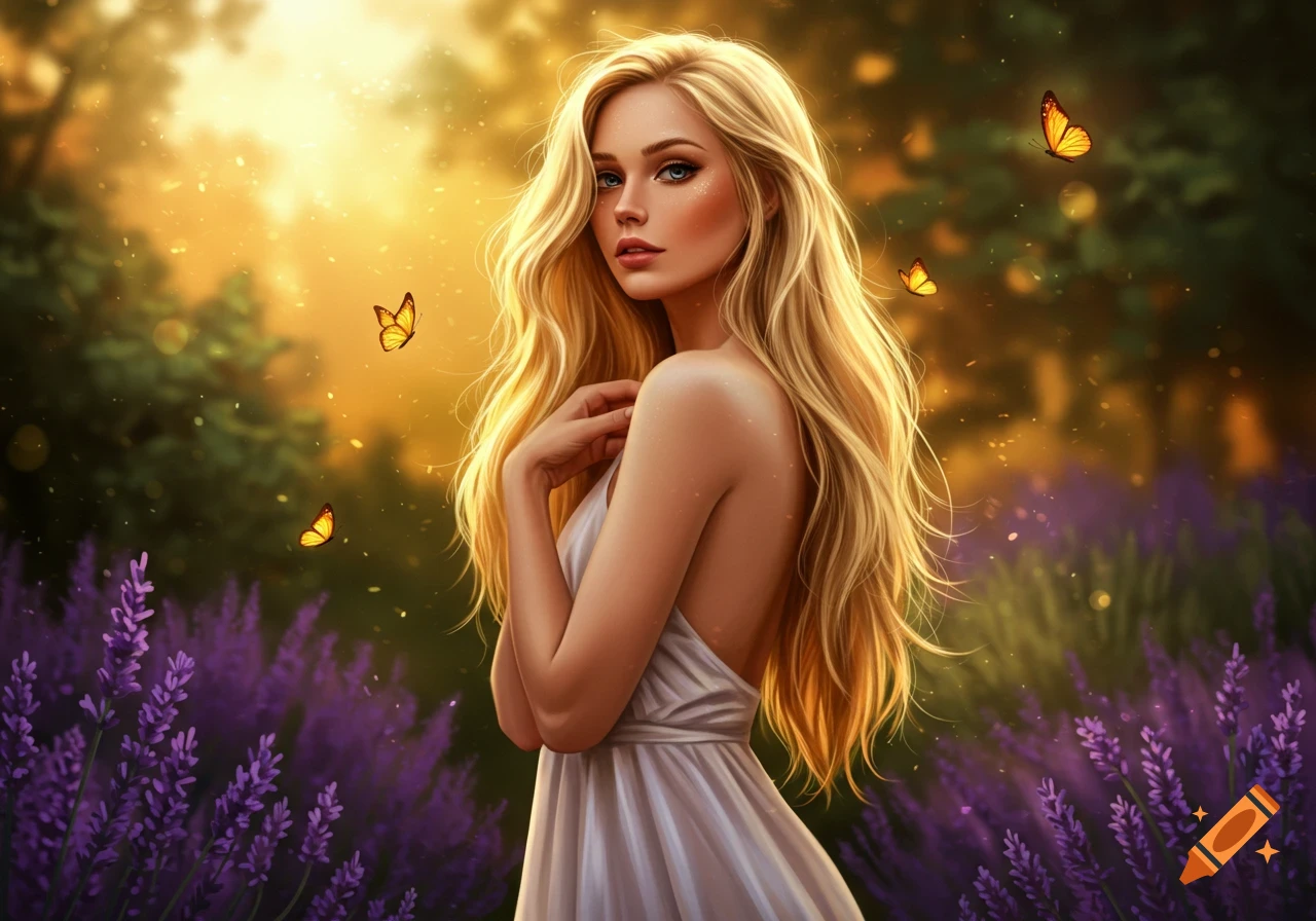 A blonde woman in a white dress stands among purple lavender flowers with butterflies in golden, ethereal light.
