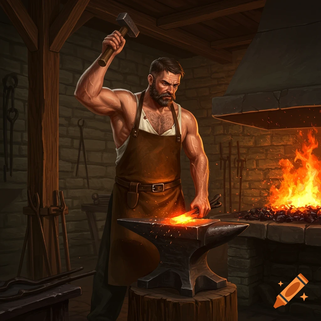 A muscular blacksmith in an apron holds a hammer over an anvil, working a glowing piece of metal in a fiery forge.
