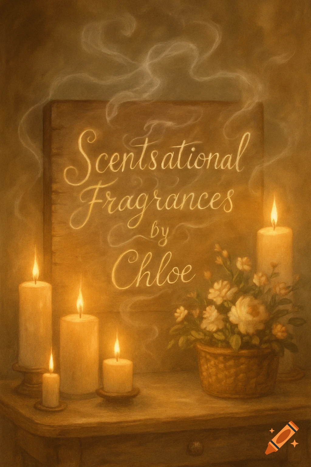 A warm, painterly image showing a wooden sign reading 'Scentsational Fragrances by Chloe' surrounded by lit candles and a basket of flowers.
