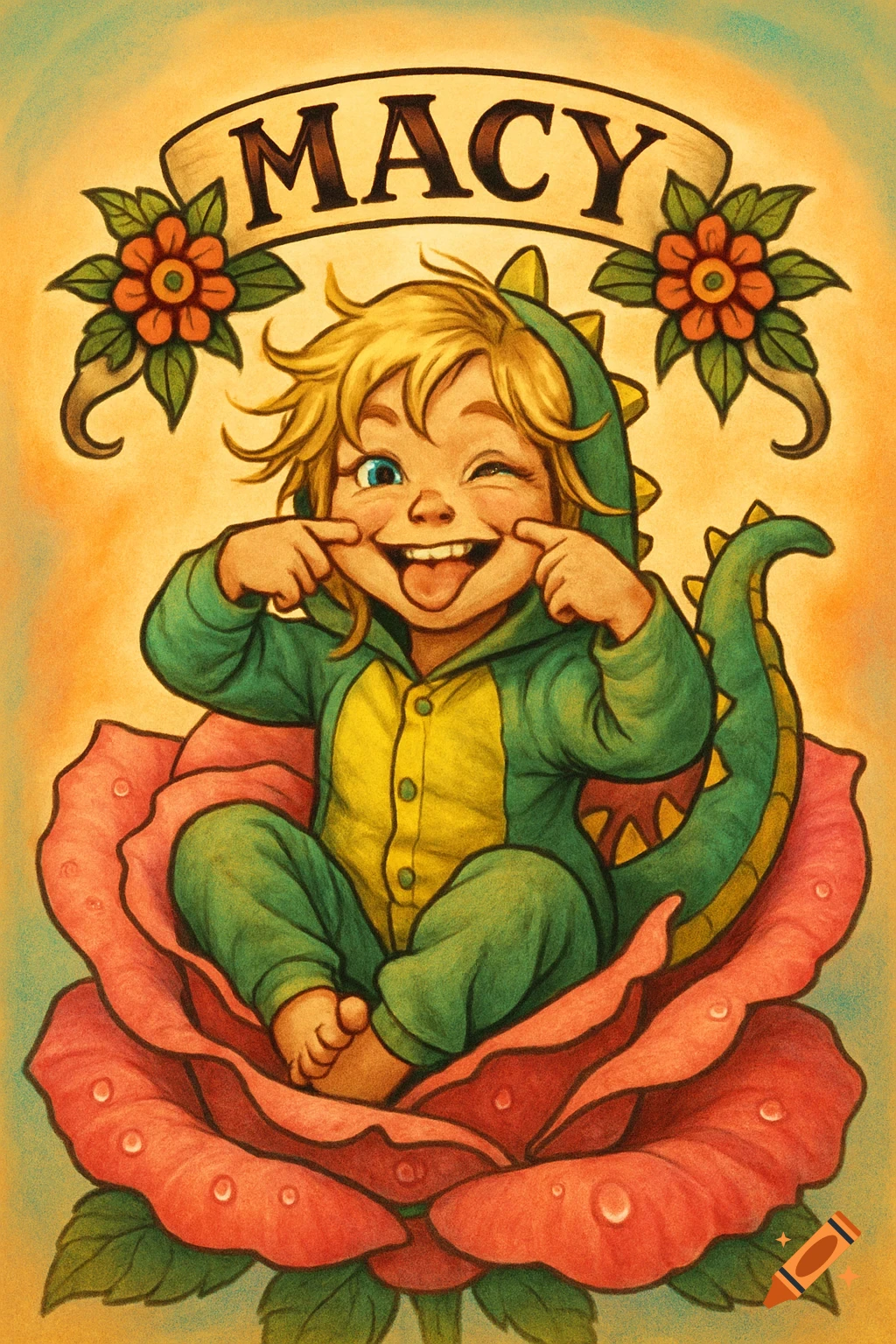 Illustrated blonde child in a dinosaur onesie making a silly face, sitting in a large red rose, with a banner above saying 'MACY' in a tattoo art style.